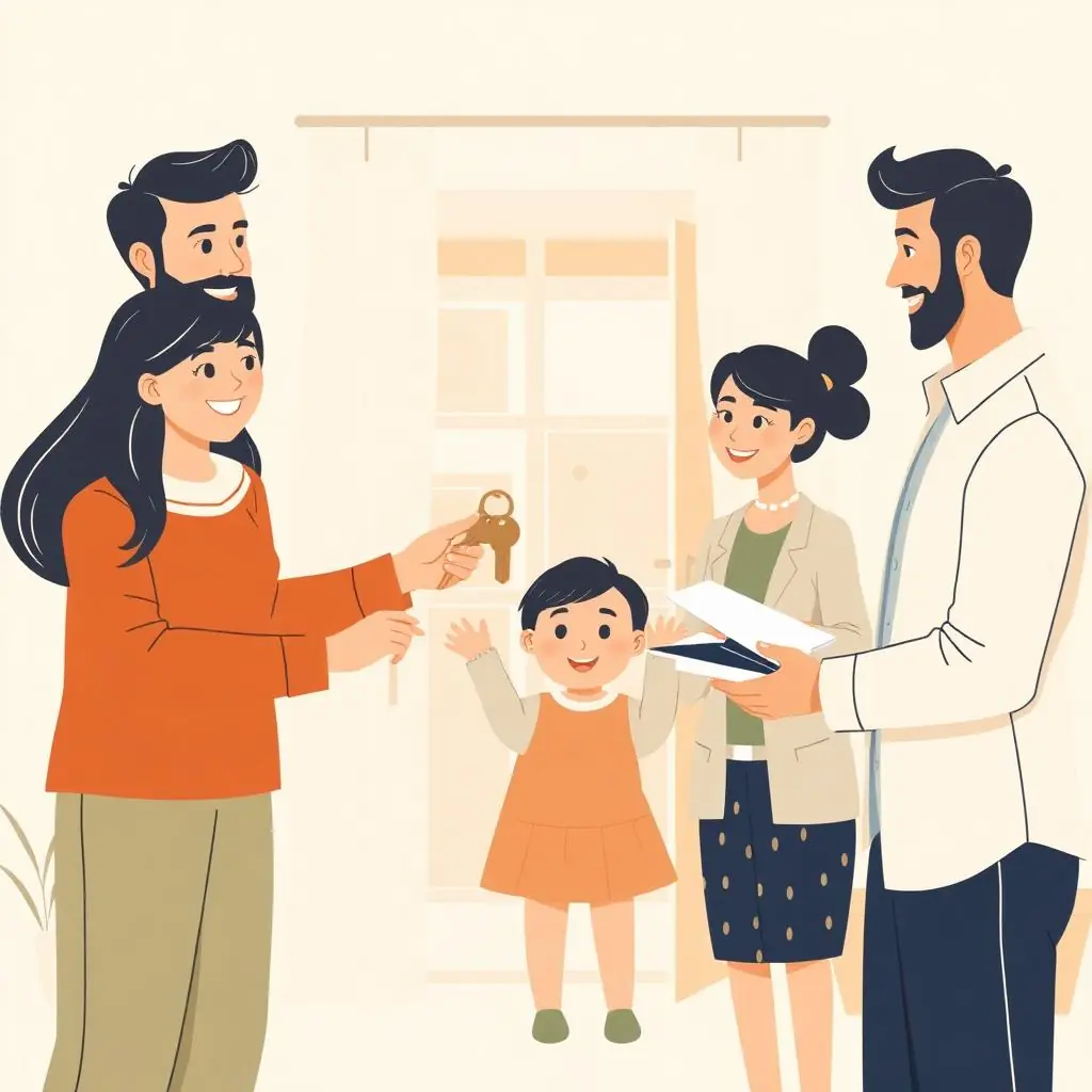 Familia feliz recibiendo las llaves de su nuevo departamento